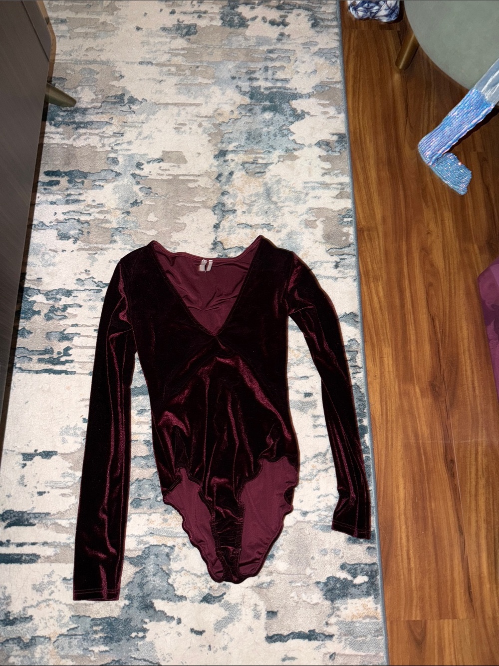 Urban Outfitters Burgundy Velvet V-Neck Long Sleeve Bodysuit